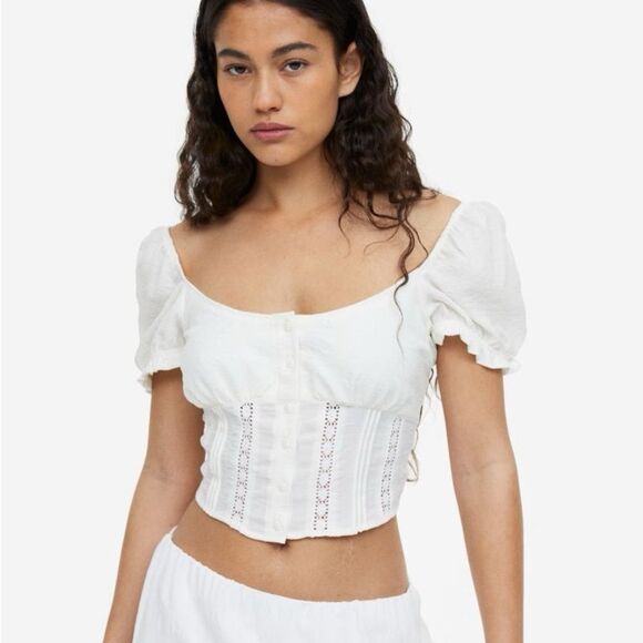 H&M Tops - H&M Lace-Detail Crêped Blouse White Puff Sleeve Top